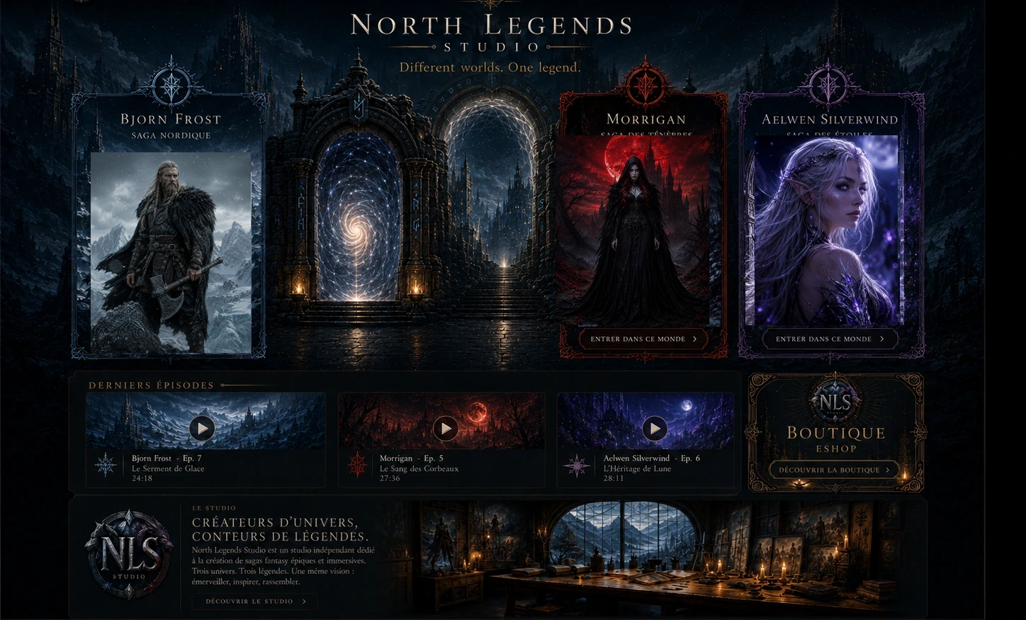 Accueil North Legends Studio avec Portail des Mondes, Bjorn Frost, Morrigan et Aelwen Silverwind
