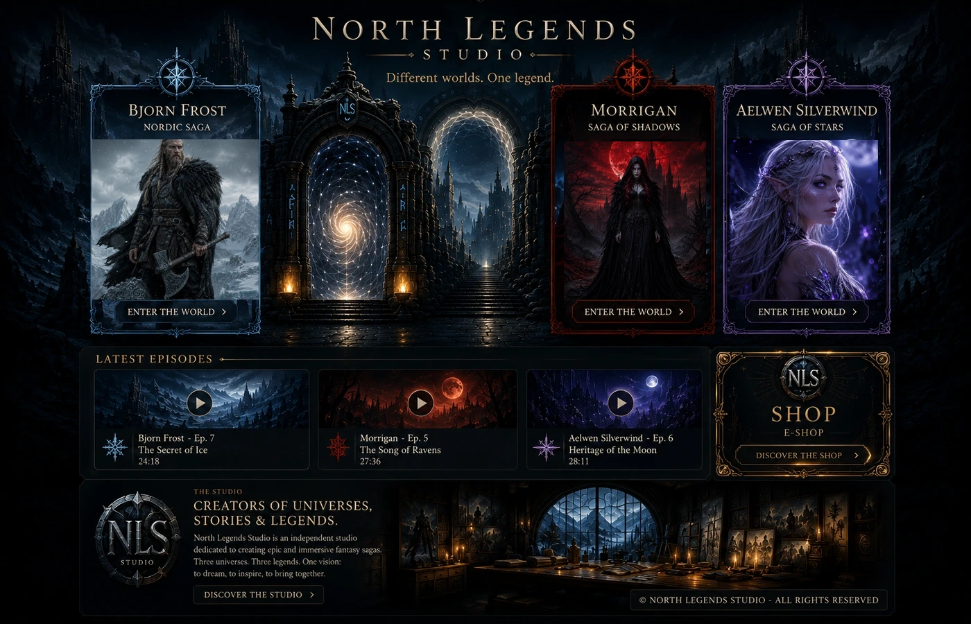 North Legends Studio home with the Portal of Worlds, Bjorn Frost, Morrigan and Aelwen Silverwind