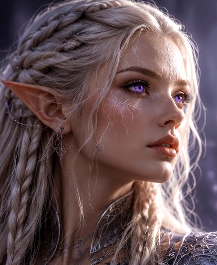 Aelwen’s face, violet eyes and elven markings