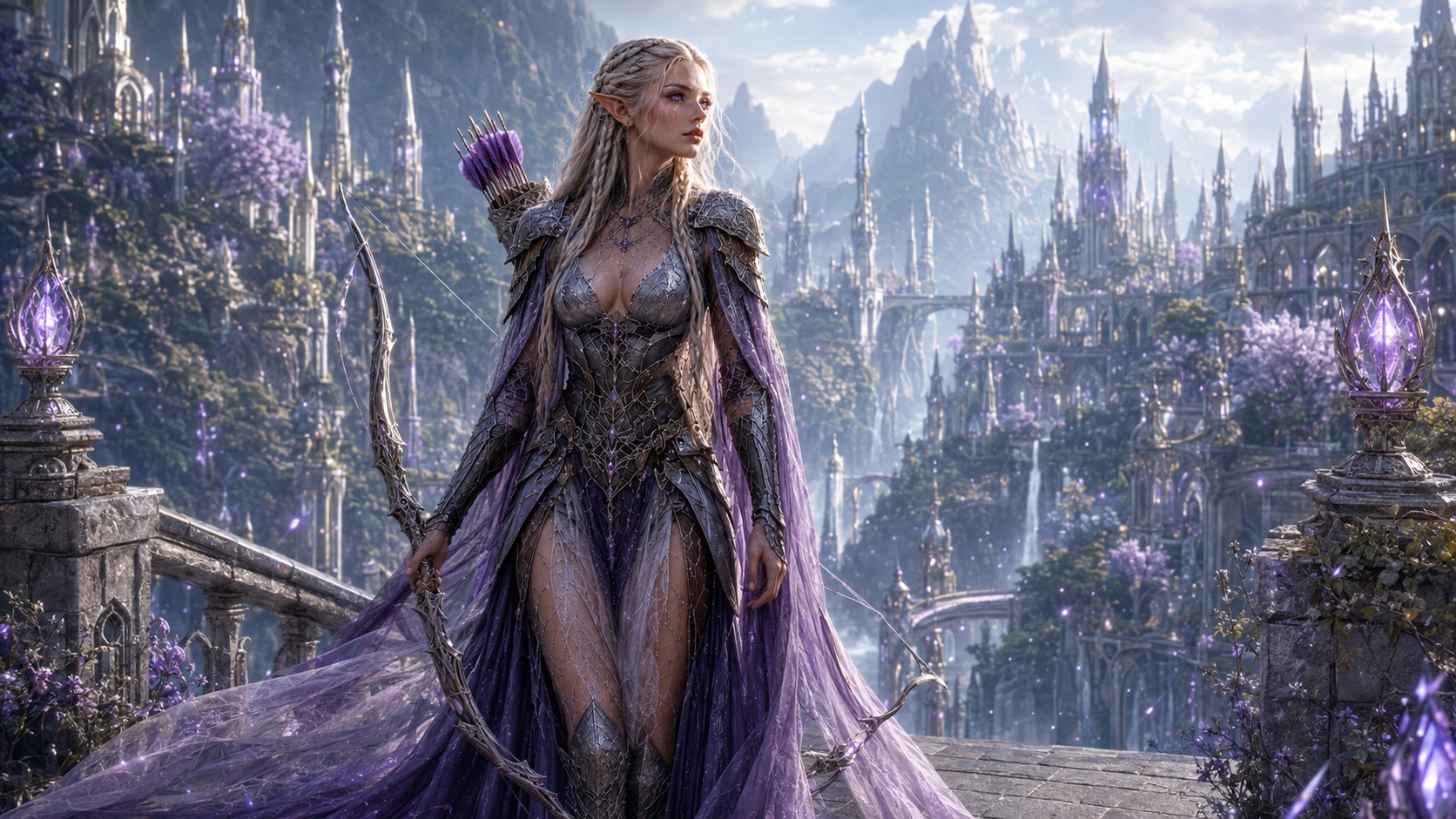 Aelwen Silverwind in a luminous elven city