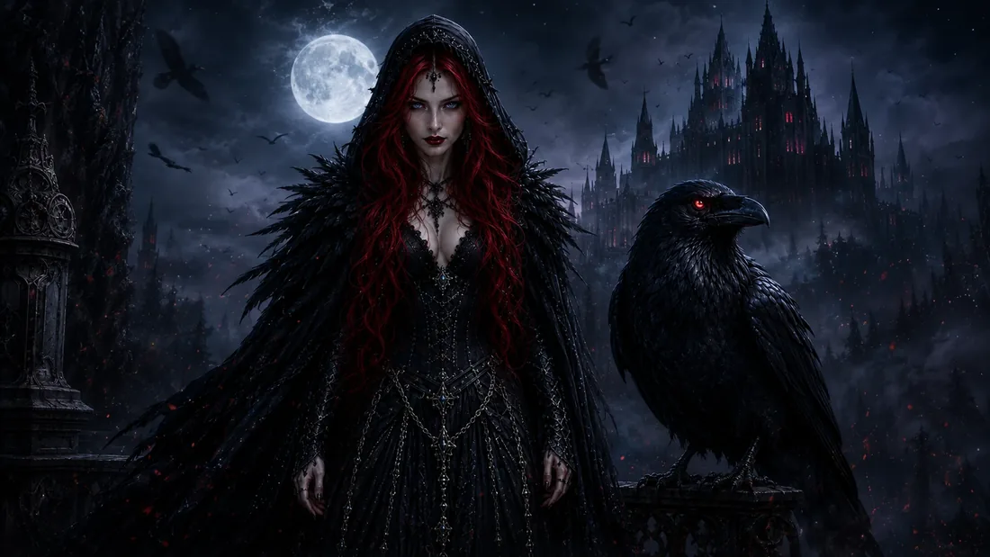 Morrigan and Noxus before a moonlit gothic citadel